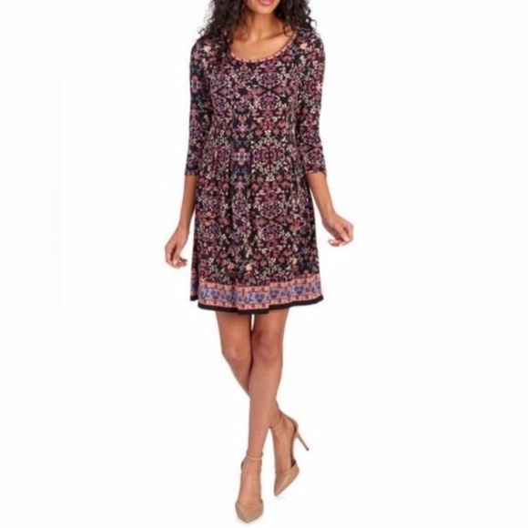 Max Studio Dresses & Skirts - Max Studio Jersey Knit Black Purple Floral Fit Flare Pleated Dress women M new